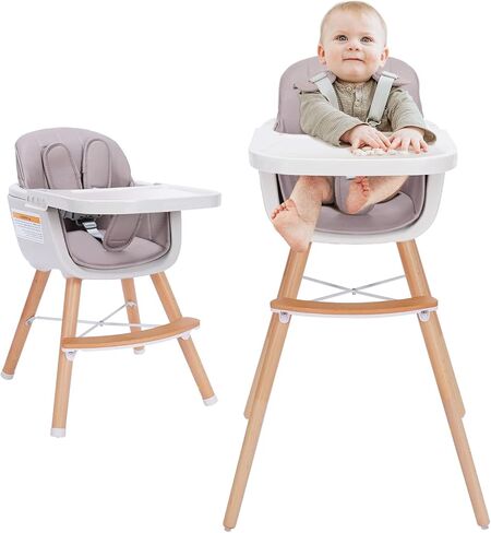 Mallify 3-in-1 Wooden High Chair, Convertible High Chairs for Babies and Toddlers, Baby Highchair with Adjustable Legs & Dishwasher-Safe Tray, Sleek Hardwood & Premium PU Cushion, Beige in Saudi Arabia