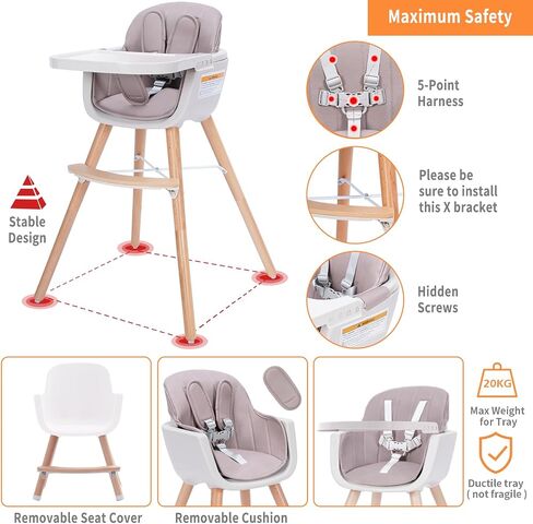Mallify 3-in-1 Wooden High Chair, Convertible High Chairs for Babies and Toddlers, Baby Highchair with Adjustable Legs & Dishwasher-Safe Tray, Sleek Hardwood & Premium PU Cushion, Beige in Saudi Arabia