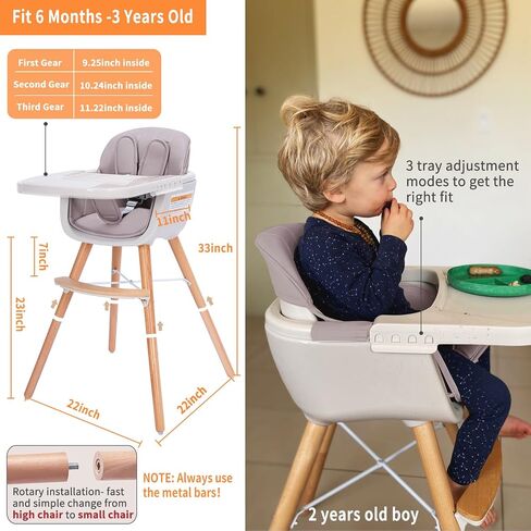 Mallify 3-in-1 Wooden High Chair, Convertible High Chairs for Babies and Toddlers, Baby Highchair with Adjustable Legs & Dishwasher-Safe Tray, Sleek Hardwood & Premium PU Cushion, Beige in Saudi Arabia