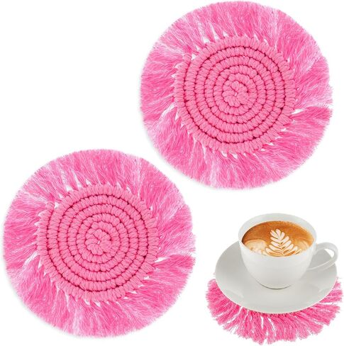 2 Pieces Boho Coasters Cute Macrame Coasters Set of 2 Pink for Desk Coffee Table Drinks Temperatures Desk Decor Fits Mugs and Cups Housewarming Home Decoration in Saudi Arabia