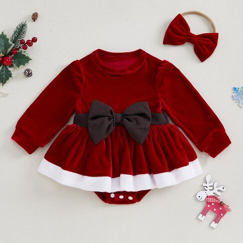 Baby Girl Christmas Outfit Bow Velvet Long Sleeve Romper Dress Newborn Infant Baby Girls Fall Winter Clothes (Red White, 0-3 Months) in Kuwait