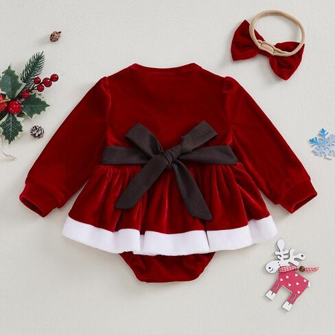 Baby Girl Christmas Outfit Bow Velvet Long Sleeve Romper Dress Newborn Infant Baby Girls Fall Winter Clothes (Red White, 0-3 Months) in Kuwait