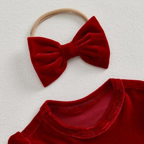 Baby Girl Christmas Outfit Bow Velvet Long Sleeve Romper Dress Newborn Infant Baby Girls Fall Winter Clothes (Red White, 0-3 Months) in Kuwait