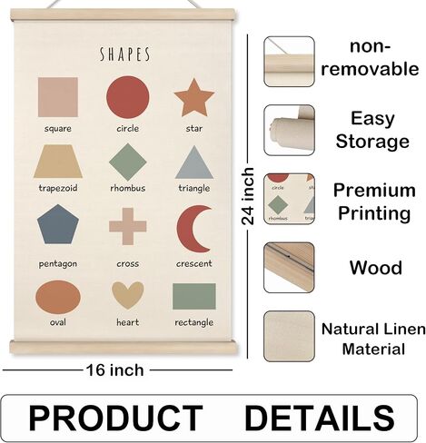 HRQKO Shapes Classroom Decor Poster Hanger Frame, Play Room Wall Decor, Boho Learning Wall Art With Wooden Frames, Educational Wall Hanging Banner Decor for Kids Toddlers Room Homeschool,12x16 Inch in Kuwait