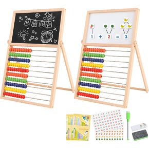 Wooden Abacus for Kids Math - Double-Sided Blackboard Whiteboard Magnetic Abacus for Toddlers 1-3 with 100 Magnetic Number & Fruit Stickers - Educational Counting Games Kids Gift