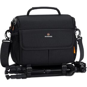RAINSMORE Camera Bag for DSLR SLR Mirrorless Camera,Small Camera Sling Bag for Photographers Waterproof Camera Case with Tripod Holder Compact Camera Bag Crossbody with Rain Cover Black