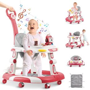 Walker for Baby, 5-in-1 Height Adjustable Baby Walker with Wheels, Foldable Baby Walkers and Baby Activity Center with Music &Toys Tray, Infant Toddler Baby Walker for Boys and Girls 6-24 Months(Grey)
