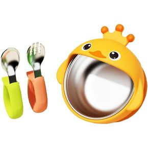 Suction Bowls Set for Baby Feeding，Yellow Duck Silicone Suction Baby Bowl and Food-Grade 304 Stainless Steel Bowl with Fork and Spoon,Dishwasher Safe