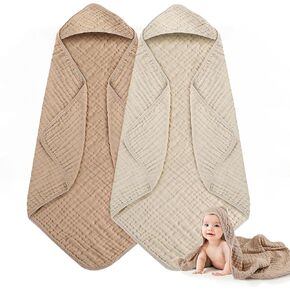 Hooded Baby Towels, 2 Pack Large Size Baby Bath Towel, Upgrade High Density 100% Muslin Cotton Baby Towels, Ultra Soft, Highly Absorbent, for Infants, Toddlers, Essential for Newborn Care, 32" x 32"