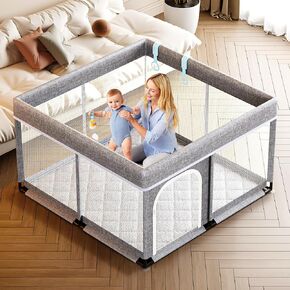 Large Baby Playpen with mat 71x59inch - Indoor Safety Playpen for Babies and Toddlers with Mat, Soft Breathable Mesh, All-Wrapped Sponge, Sturdy Play Yard with Stable Mat and Magic Sticker