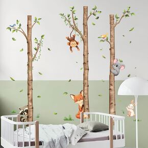 Large Birch Tree and Jungle Animals Wall Decals, Cartoon Fox Money Loala Raccoon Wall Stickers Peel and Stick Wall Decal Waterproof Wall Art Sticker for Baby Nursery Kids Room Home Decor (H: 63 in)