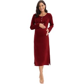 Nursing Nightgown 3 in 1 Delivery/Labor/Nursing Hospital Gown Nightgown Long Sleeve Breastfeeding Sleepwear Maternity Dress Wine Red