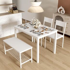sogesfurniture 4 Piece Dining Table Set, Dinette Set Kitchen Table with Bench and Chairs, Kitchen Dinner Table with Benches for 4, includes Table, 2 Chairs & Bench,White