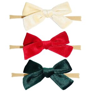 3Pcs 3.75" Velvet Baby Bows Headbands, Nylon Hairbands Elastic Hair Accessories for Newborn Infant Toddlers(Red, Beige, Dark Green)
