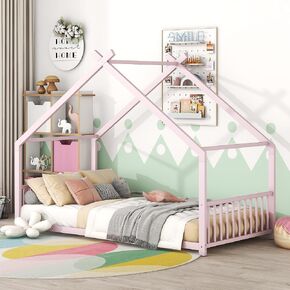 Metal Twin Size House Bed with Roof and Slats Support,Playhouse Design Montessori Floor Bed Frame W/Headboard & Footboard,No Box Spring Needed,for Kids Girls Boys,Black