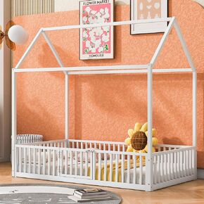 Merax Twin Size Montessori Floor Bed, Metal House Bed Frame with Roof for Kids, Teens, Girls, and Boys, No Box Spring Needed, Black