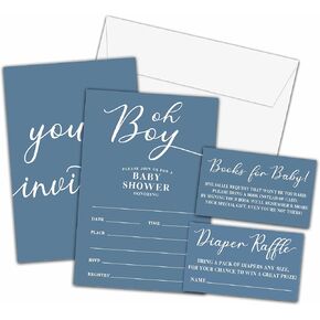 Boy Baby Shower Invitations Set, Modern Minimalist Invitations with Envelopes, Dusty Blue Diaper Raffle Tickets and Book Request Cards, Oh Boy Gender Reveal Party Supplies Decorations -11