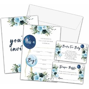 It’s a Boy Baby Shower Invitations Set, Blue Balloon Invitations with Envelopes, Eucalyptus and Floral Diaper Raffle Tickets and Book Request Cards, Oh Boy Gender Reveal Party Supplies Decorations -10