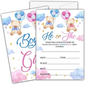 Ycyfckdr Elephant Gender Reveal Invitations For Girls Boys, He Or She Baby Shower Party Invitation Cards, Gender Reveal Party Decor Supplies - 25 Fill In Invitations With Envelopes (a03)