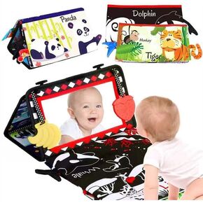 Baby Mirror Tummy Time Toys with Crinkle Cloth Book & Teethers, Black and White Baby Toys 0-6-12 Months, High Contrast Baby Toys for Newborn, Montessori Infant Sensory Toys for Boy Girl Gifts