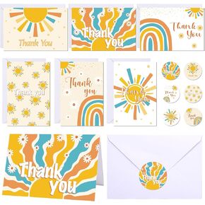 INCOK Boho Sun Thank You Cards - 24 PCS Here Comes The Son Rainbow Greeting Cards with Envelopes and Stickers Bohemia Sunshine 1st Christmas Cards for Baby Shower Supplies Boys Kids Birthday Supplies
