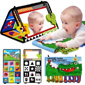 Baby Toys 0-6 Months: Tummy Time Baby Mirror Toys with Soft Activity Baby Book - Montessori Infant Sensory Toys - Newborn Toys 0 3 Months High Contrast for Babies Boys Girls Baby Gift 4 6 9 12 Months