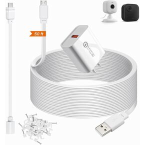 50ft Power Extension Cable Compatible with Blink Mini 2, Blink Mini and Blink Outdoor 4 Cameras - 15m Long Flat Micro USB Charging Cord with 30cm USB C Waterproof Adapter and 18W Fast Charger, White