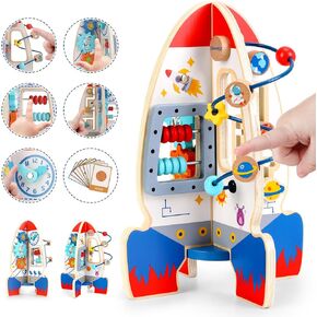 Large Wooden Space Activity Cube Toys, 9-in-1 Early Educational Montessori Learning Toys for 2 3 4 Toddlers with Abacus Bead Maze for 24+ Months Boys Girls First Birthday