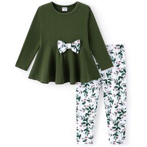 PATPAT Toddler Kids Girls 2Pcs Clothes Set Bowknot Design Ruffle Hem Long Sleeve Top and Floral Print Pant Outfits in Kuwait