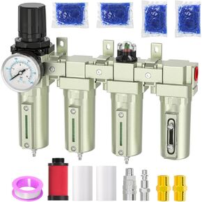 Industrial Grade 4-Stage Air Drying System, 3/4" NPT with Manual Drain, Desiccant Dryer, air Regulator, Particulate Filter and Coalescing Filter for Paint Spray, Plasma Cutter