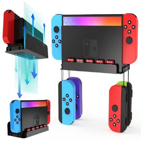 مجموعة أدوات التثبيت على الحائط من سويتش لجهاز نينتندو سويتش وسويتش OLED، حامل وحدة التحكم في قاعدة التبديل المعدنية مع 5 حاملات لبطاقات الألعاب و4 شماعات Joy Con، تخزين آمن لوحدة التحكم بالقرب من التلفزيون أو خلفه، أسود