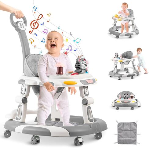 Walker for Baby, 5-in-1 Height Adjustable Baby Walker with Wheels, Foldable Baby Walkers and Baby Activity Center with Music &Toys Tray, Infant Toddler Baby Walker for Boys and Girls 6-24 Months(Grey) in Saudi Arabia