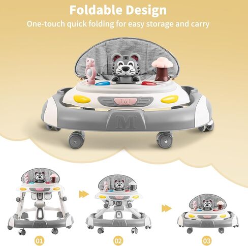 Walker for Baby, 5-in-1 Height Adjustable Baby Walker with Wheels, Foldable Baby Walkers and Baby Activity Center with Music &Toys Tray, Infant Toddler Baby Walker for Boys and Girls 6-24 Months(Grey) in Saudi Arabia