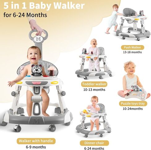 Walker for Baby, 5-in-1 Height Adjustable Baby Walker with Wheels, Foldable Baby Walkers and Baby Activity Center with Music &Toys Tray, Infant Toddler Baby Walker for Boys and Girls 6-24 Months(Grey) in Saudi Arabia