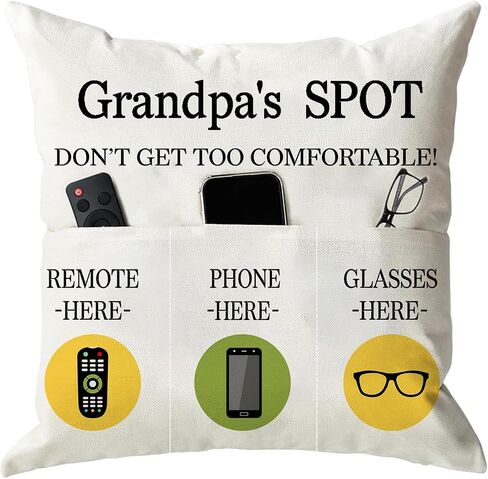 ONFAON Grandpa Gifts,Grandpa's Spot Throw Pillow Covers 18x18 Inch,Put Phone Glasses and Remote Control Pillowcase,Birthday Christmas Thanksgiving Day Gifts for Grandpa Stepdad,3-Pocket in Kuwait