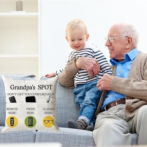 ONFAON Grandpa Gifts,Grandpa's Spot Throw Pillow Covers 18x18 Inch,Put Phone Glasses and Remote Control Pillowcase,Birthday Christmas Thanksgiving Day Gifts for Grandpa Stepdad,3-Pocket in Kuwait