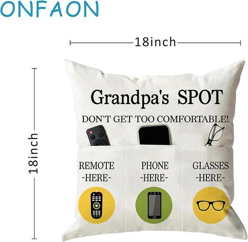 ONFAON Grandpa Gifts,Grandpa's Spot Throw Pillow Covers 18x18 Inch,Put Phone Glasses and Remote Control Pillowcase,Birthday Christmas Thanksgiving Day Gifts for Grandpa Stepdad,3-Pocket in Kuwait