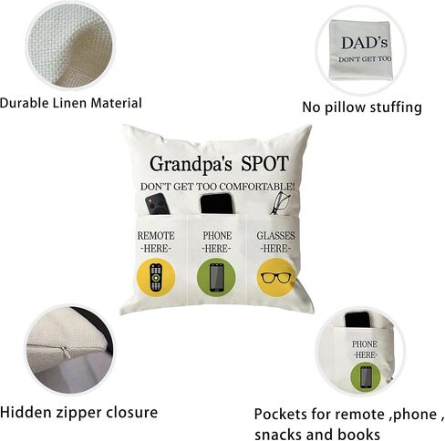 ONFAON Grandpa Gifts,Grandpa's Spot Throw Pillow Covers 18x18 Inch,Put Phone Glasses and Remote Control Pillowcase,Birthday Christmas Thanksgiving Day Gifts for Grandpa Stepdad,3-Pocket in Kuwait