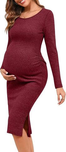 Ficerd Women's Ribbed Knit Maternity Dresses Long Sleeve Pregnancy Bodycon Dress 2025 Split Stretchy Clothes for Baby Shower in Saudi Arabia