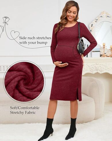 Ficerd Women's Ribbed Knit Maternity Dresses Long Sleeve Pregnancy Bodycon Dress 2025 Split Stretchy Clothes for Baby Shower in Saudi Arabia