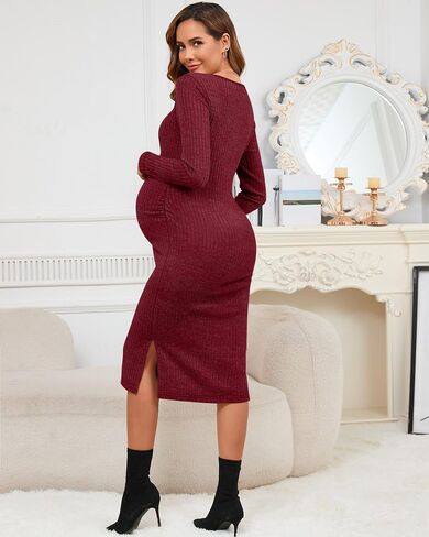 Ficerd Women's Ribbed Knit Maternity Dresses Long Sleeve Pregnancy Bodycon Dress 2025 Split Stretchy Clothes for Baby Shower in Saudi Arabia