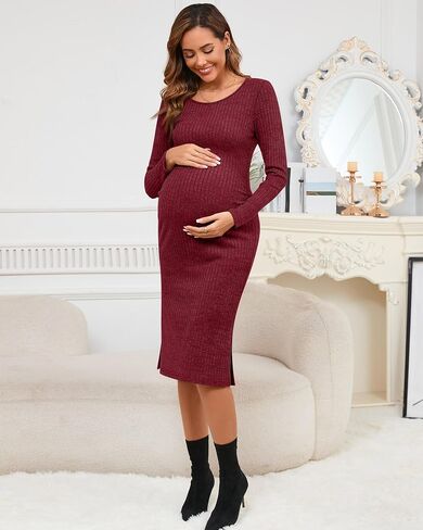 Ficerd Women's Ribbed Knit Maternity Dresses Long Sleeve Pregnancy Bodycon Dress 2025 Split Stretchy Clothes for Baby Shower in Saudi Arabia