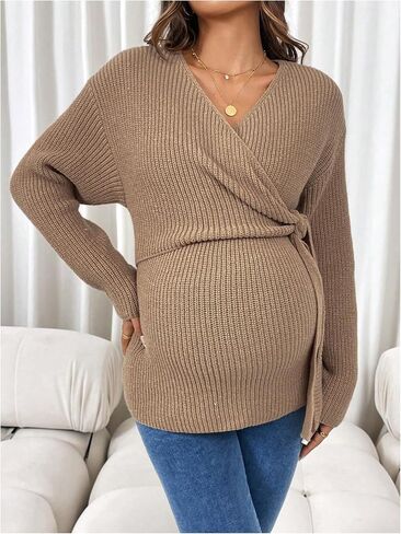 MakeMeChic Women's Maternity Sweater V Neck Wrap Knot Asymmetrical Long Sleeve Pullovers Tops in Saudi Arabia