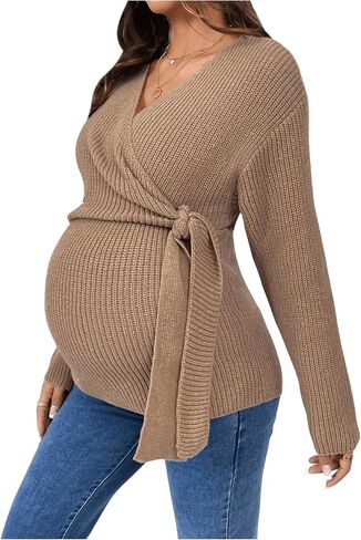 MakeMeChic Women's Maternity Sweater V Neck Wrap Knot Asymmetrical Long Sleeve Pullovers Tops in Saudi Arabia