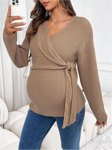 MakeMeChic Women's Maternity Sweater V Neck Wrap Knot Asymmetrical Long Sleeve Pullovers Tops in Saudi Arabia
