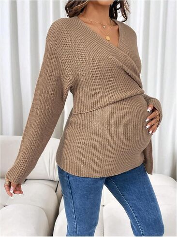 MakeMeChic Women's Maternity Sweater V Neck Wrap Knot Asymmetrical Long Sleeve Pullovers Tops in Saudi Arabia