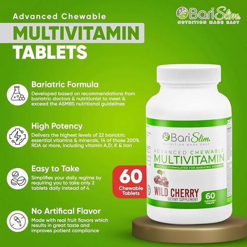 BariSlim Advanced Chewable Bariatric Multivitamin Tablets - Bariatric Vitamin and Supplement for Post Bariatric Surgery Including Gastric Bypass and Gastric Sleeve | Wild Cherry (60 Count) in Kuwait