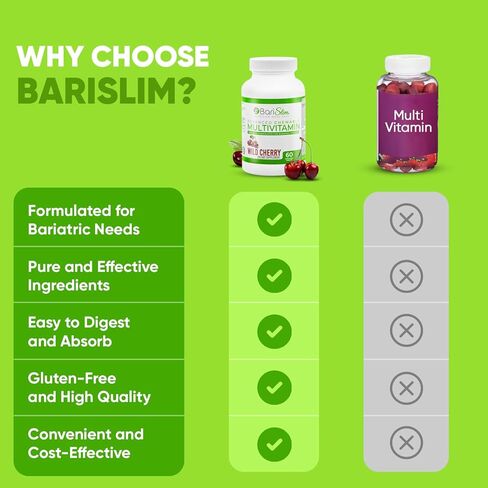BariSlim Advanced Chewable Bariatric Multivitamin Tablets - Bariatric Vitamin and Supplement for Post Bariatric Surgery Including Gastric Bypass and Gastric Sleeve | Wild Cherry (60 Count) in Kuwait