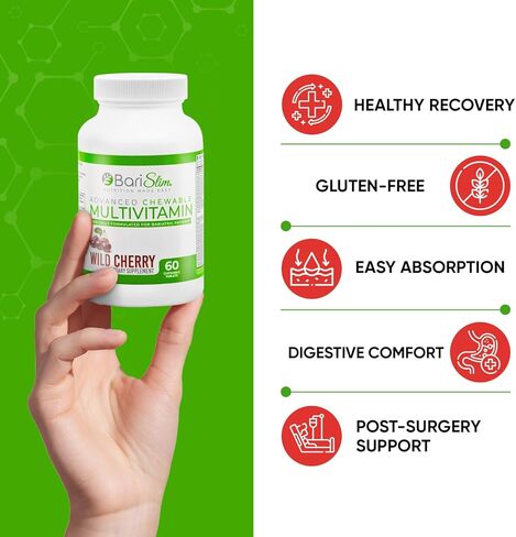 BariSlim Advanced Chewable Bariatric Multivitamin Tablets - Bariatric Vitamin and Supplement for Post Bariatric Surgery Including Gastric Bypass and Gastric Sleeve | Wild Cherry (60 Count) in Kuwait