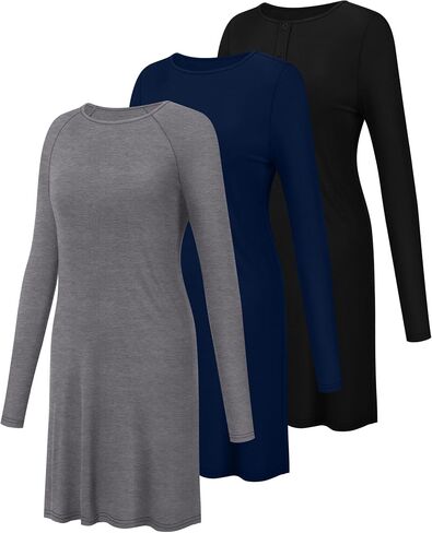 Huukeay 3 Styles Women's Sleepshirt Long Sleeve Nightgowns Crew Neck Nightshirt Fall Sleepwear Soft Button Down Sleep Dress in Saudi Arabia